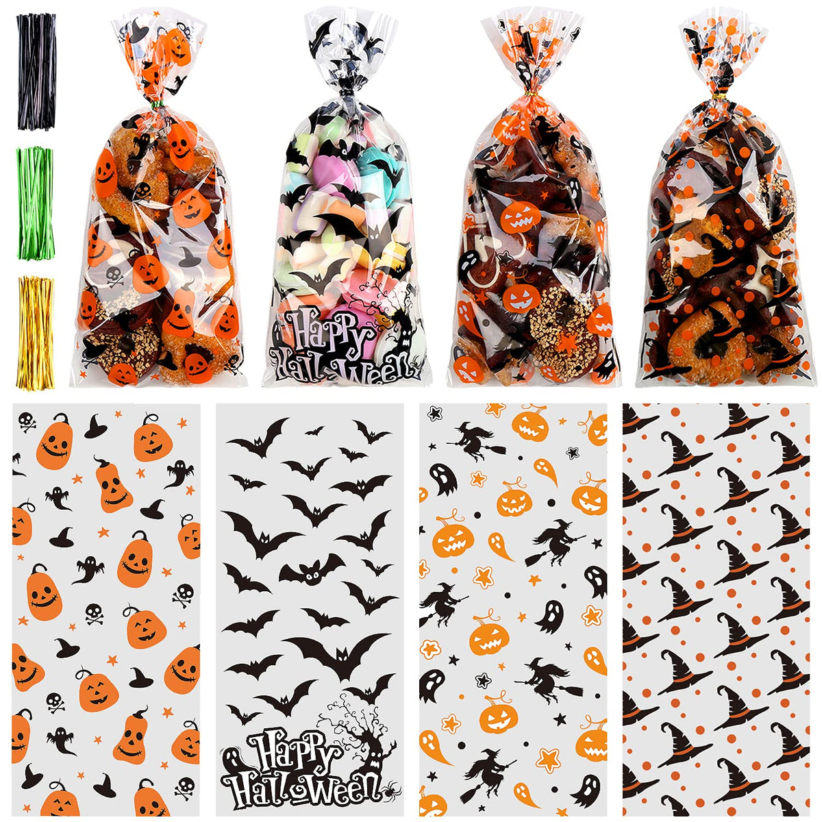 STEFORD Halloween Cellophane Bags,180 PCS Halloween Clear Cellophane Candy Gift Treat Bags for Party Favors Supplies