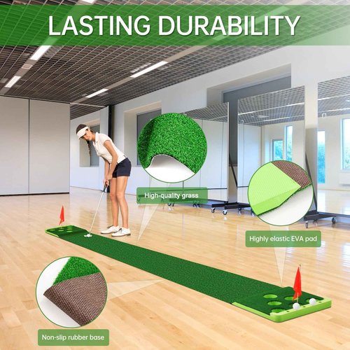 Sagsewful Golf Putting Game Set with Front Border for Indoor & Outdoor,Golf Putting Green Mat Include 4 Balls,1 Portable Bag,2 Flags&Cups,Practice Training Aid for Backyard,Party,Office