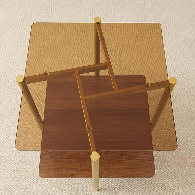 Pine Flicker Square Glass End Table, Mid-Century Modern Sofa Table, L20*W20*H23 inch for Living Room, 2-Tier Structure, Amber Glass Top and Walnut MDF Shelf, Sleek Conical Metal Legs with Gold Finish