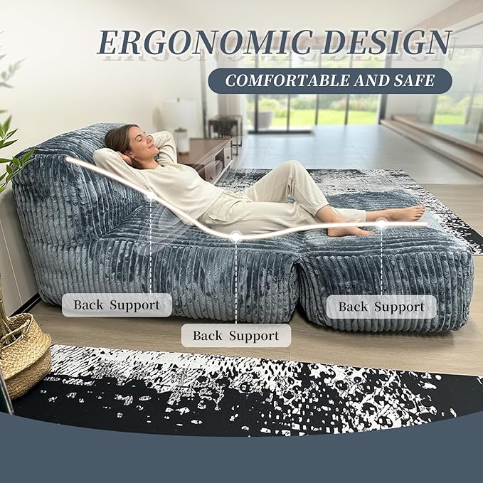 Large Memory Foam Bean Bag Chair for Adults – Big Lounger Sofa Seat for Living Room, Bedroom, or Balcony (Dark Gray)