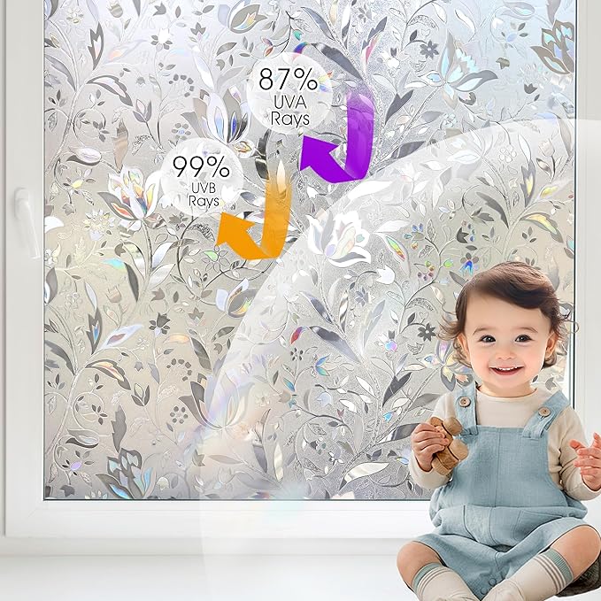 HIDBEA Window Privacy Film, 3D Stained Glass Static Cling - Sun Blocking Anti-UV Heat Control, Reusable Decorative Film for Home/Office Doors, Rainbow Tulip Design (17.3 in x 78.7 in)
