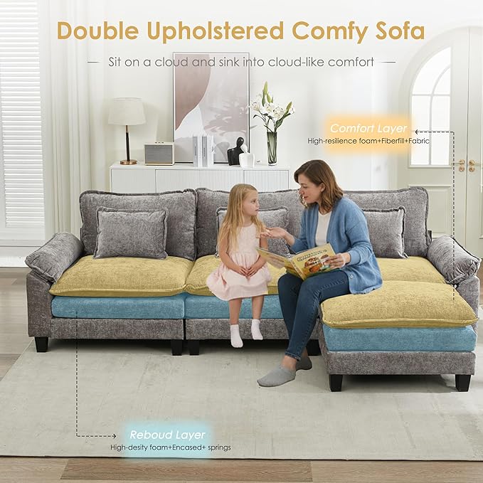 URRED Cloud Couch Modular Sectional Sofa, 122'' Modern L Shaped Deep Seat Sofa with Ottoman & Pillows, Ultra Comfy Chenille Couches for Living Room, Bedroom or Apartment, Gray