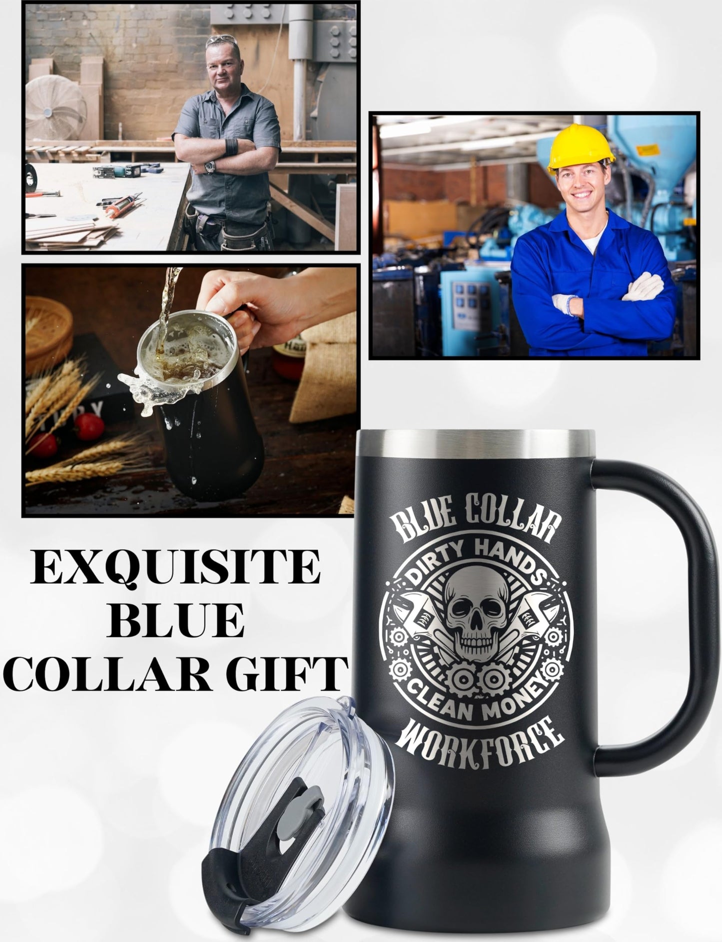 Onebttl Blue Collar Gifts for Men, Boyfriend, Stainless Steel Beer Stein Tumbler, 24oz Beer Mug with Lid for Mechanic, Welder, Construction Worker