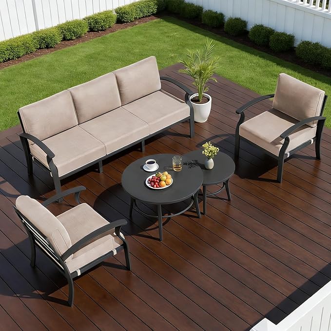 RTDTD Aluminum Outdoor Patio Furniture Set,5 Seats Patio Conversation Sets with 2 Round Coffee Tables,Metal Patio Sectional Furniture Set with 5.1" Thickened Cushions,Sand