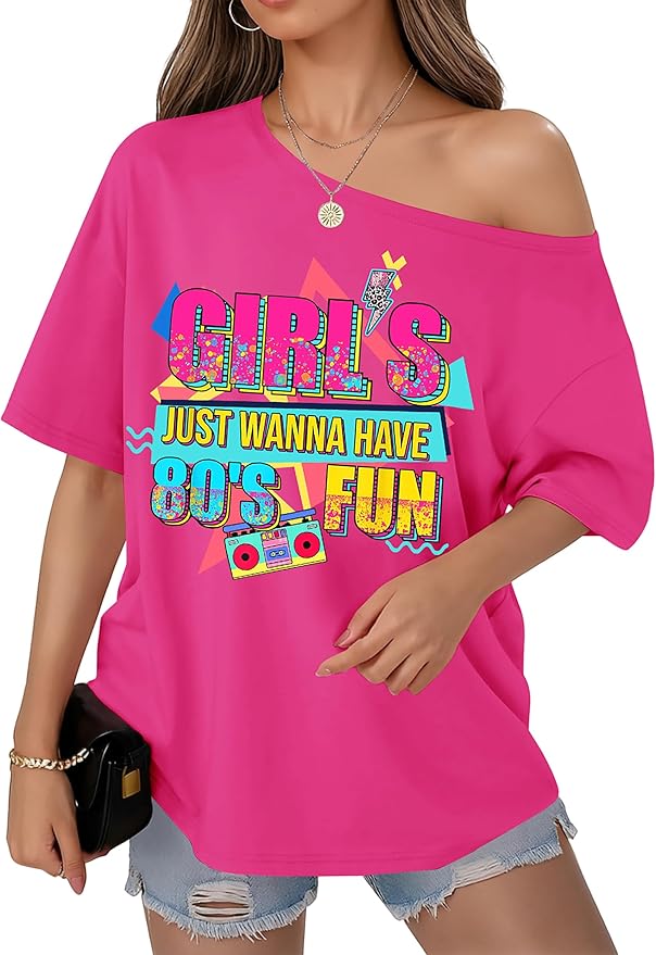 OCURHU 80s Shirts for Women Oversized Retro Off The Shoulder Top Disco 80s 90s Theme Party Outfit