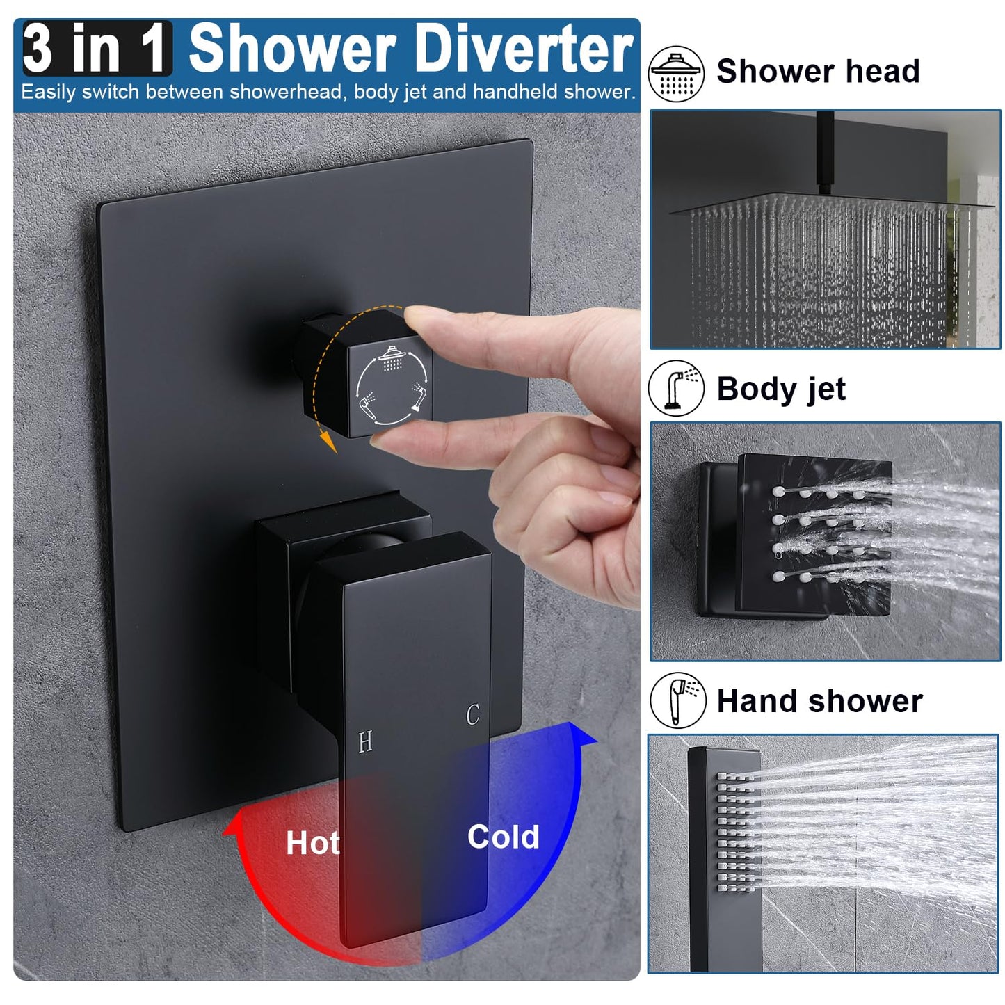 Enga 12 Inch Ceiling Mount Matte Black Shower System with Body Jets Bathroom Luxury Rain Mixer Shower Combo Set Ceiling Rainfall Shower Jets System Faucet Rough-in Valve and Trim Included