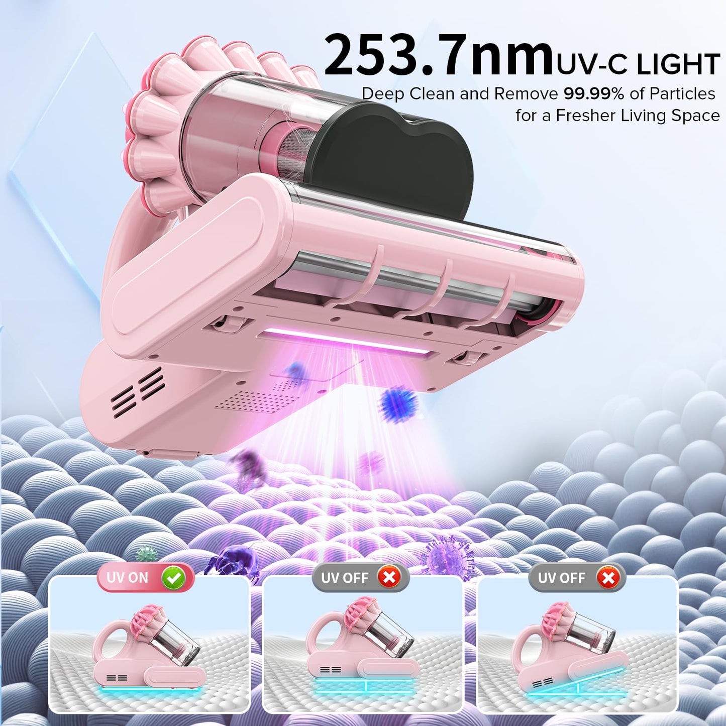 Belife M8 Mattress Vacuum Cleaner, 18Kpa Bed Vacuum Cleaner with UV & Hot Air & High Heating, 550W Powerful Suction Double-Cup Handheld Vacuum Sofa Couch Cleaner for Dust Pillow Crib Pet Hair, Corded