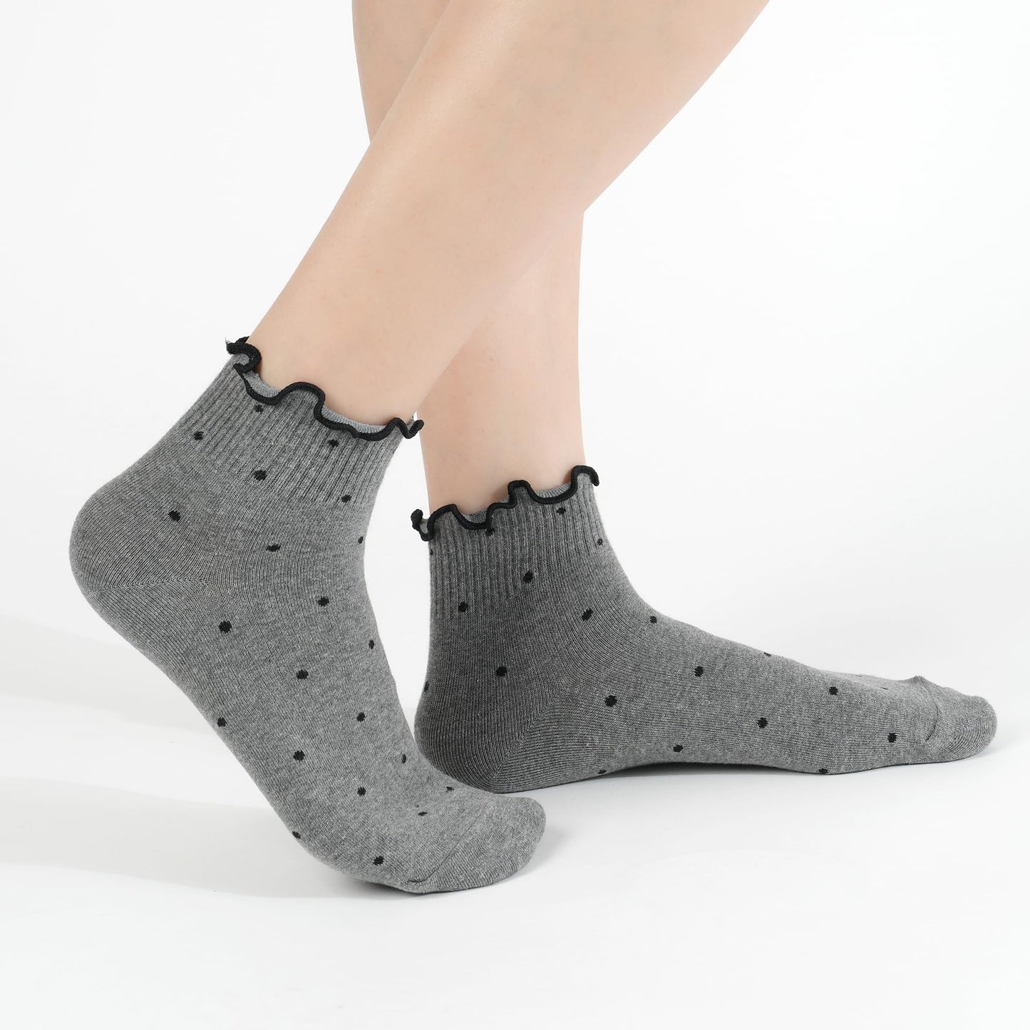 kikiya socks Women Cute Ankle | 5 Pairs Ruffle Design with Polka Dots Pattern Cute Frilly Lace Mid Cut Black White Gray Wine Navy Print Daily Cotton Socks | Womens Ladies Girls Gift | Ruffle Dot A