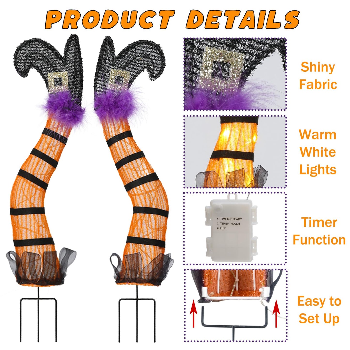 Halloween Lighted Witch Legs Outdoor 22’’ Set of 2 Orange Witch Legs Battery Operated with Warm White LEDs Outdoor Yard Lawn Garden Decor