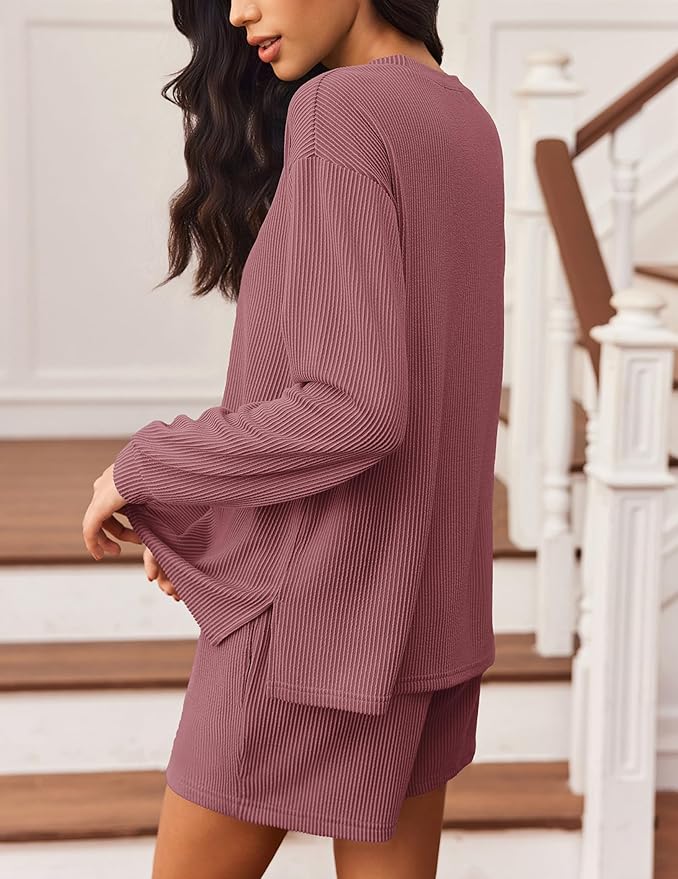 Ekouaer 2 Pieces Lounge Set for Women Long Sleeve Pajamas Top and Shorts Matching Sets Outfits with Pockets