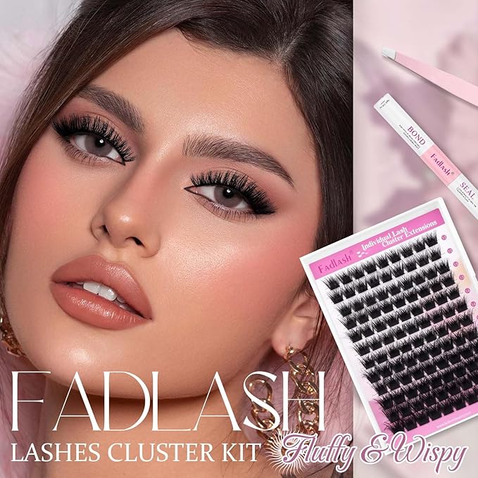 FADLASH Lash Extension Kit Lash Clusters Kit 12-18mm Eyelash Cluster Lashes Individual with Bond and Seal Lash Glue and Lash Tweezers DIY at Home (Y01-3D-12-18 Kit)