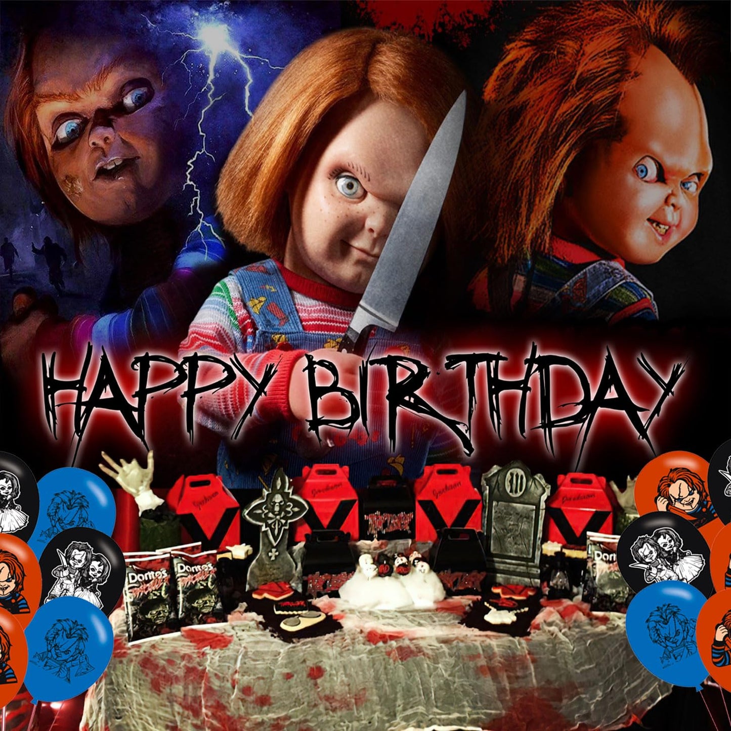 Horror Movie Birthday Party Decoration,Chucky Party Photo Background 5 x 3 FT and 18 Pcs Balloon,Horror Movie Merch Party Backdrop Supplies