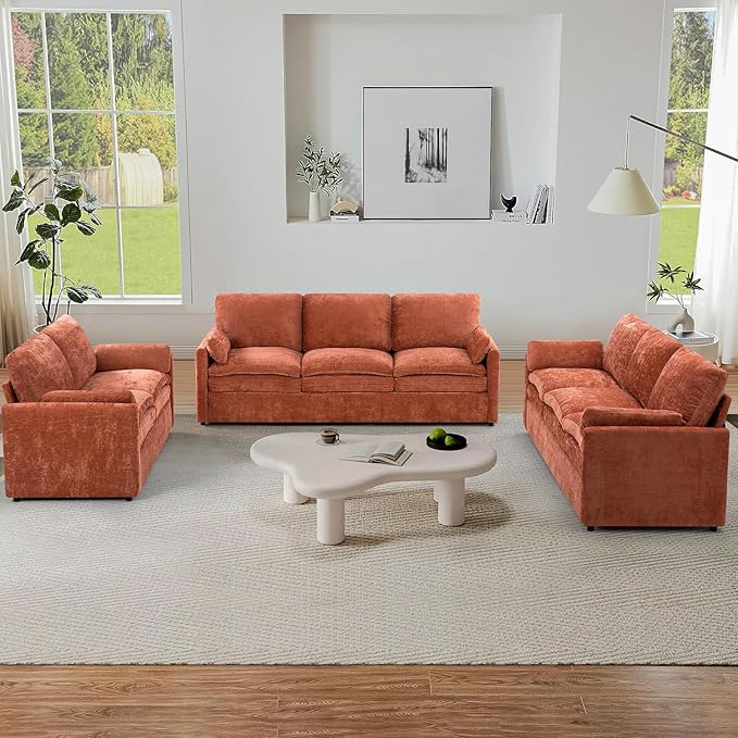 ACMEASE 3 Pieces Chenille Sofa Set w/Arm Pillows, Upholstered Loveseat & 2 Pieces 3 Seater Sofa w/Comfortable Back Cushions, Modern 2-Seat & 3-Seat w/High-Density Foam for Living Room, Orange