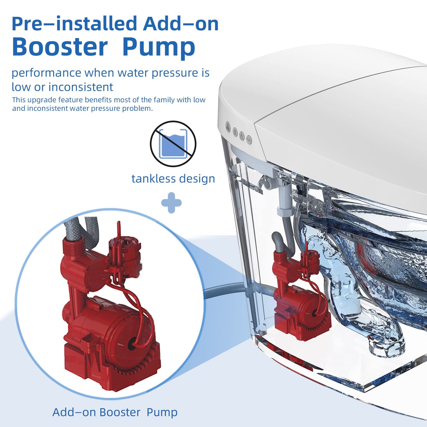 WOODBRIDGE B0970S Smart Tankless Toilet Elongated One Piece Chair Height, Auto Flush, Foot Sensor Operation, Heated Seat with Integrated Multi Function Remote Control in White