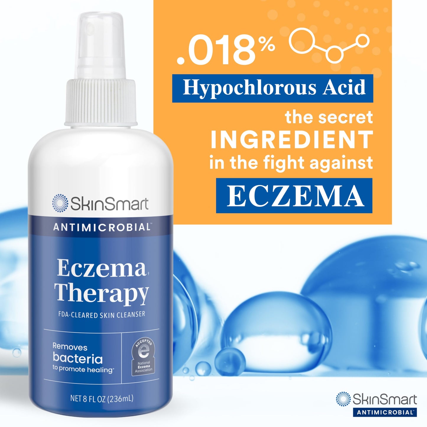 SkinSmart Antimicrobial Eczema Therapy with Hypochlorous Acid, Safely Removes Bacteria so Skin Can Heal, for Adults, Kids and Seniors, 8 Ounce Clear Spray