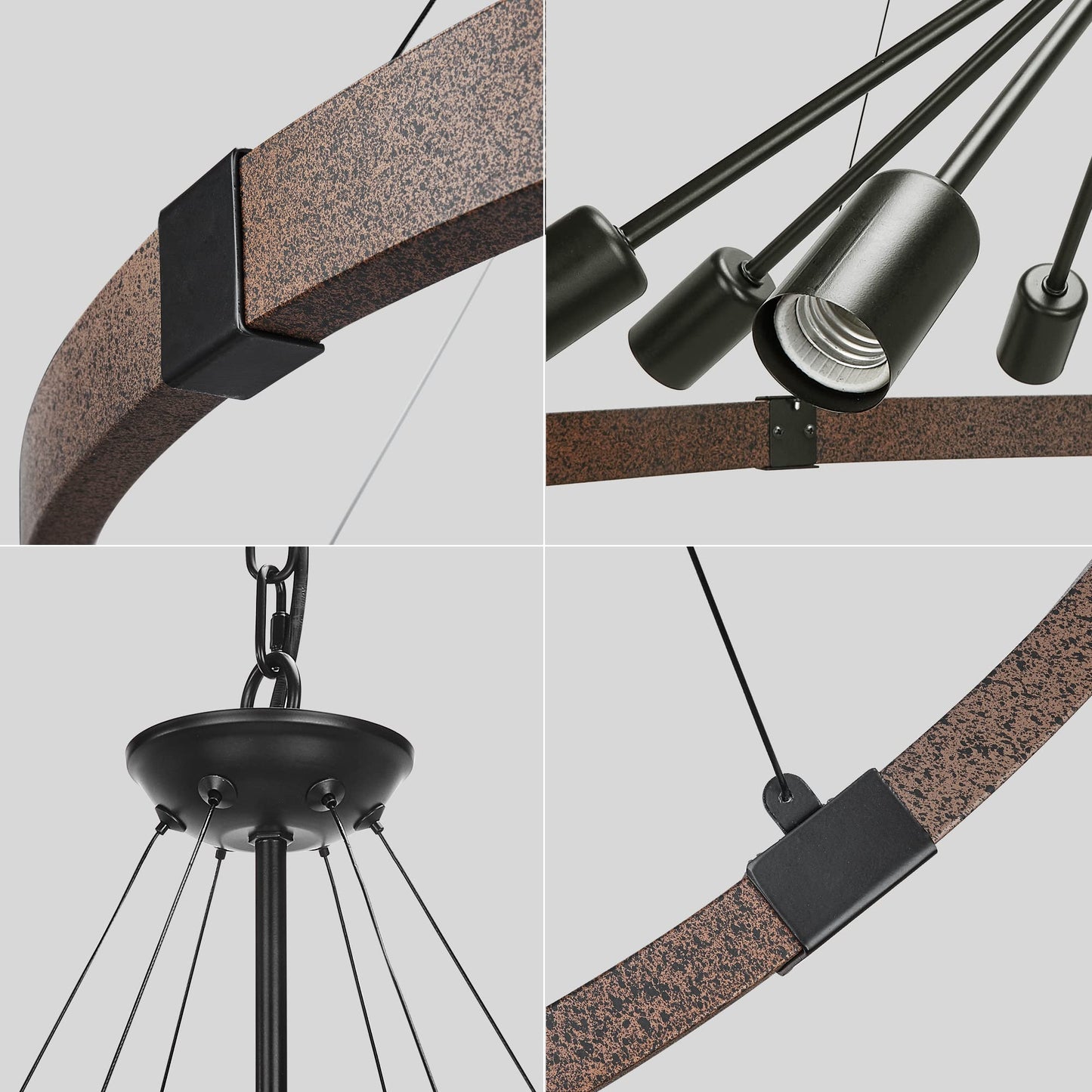 Klgxnrd 38.2'' Large Farmhouse Wagon Wheel Chandelier for Living Room, 8-Light Rustic Round Metal Light Fixtures for Dining Room Entryway Kitchen Island, Vintage Rust and Black Finishes
