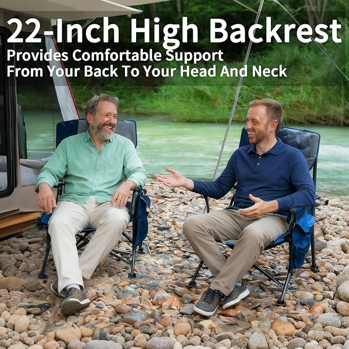 Romswi Oversized Camping Chairs 2 Pack with Hard Armrest Chair,Heavy Duty Supports 500LBS,Folding Chairs with Cup Holder for Outdoor,Beach,Garden,Fishing