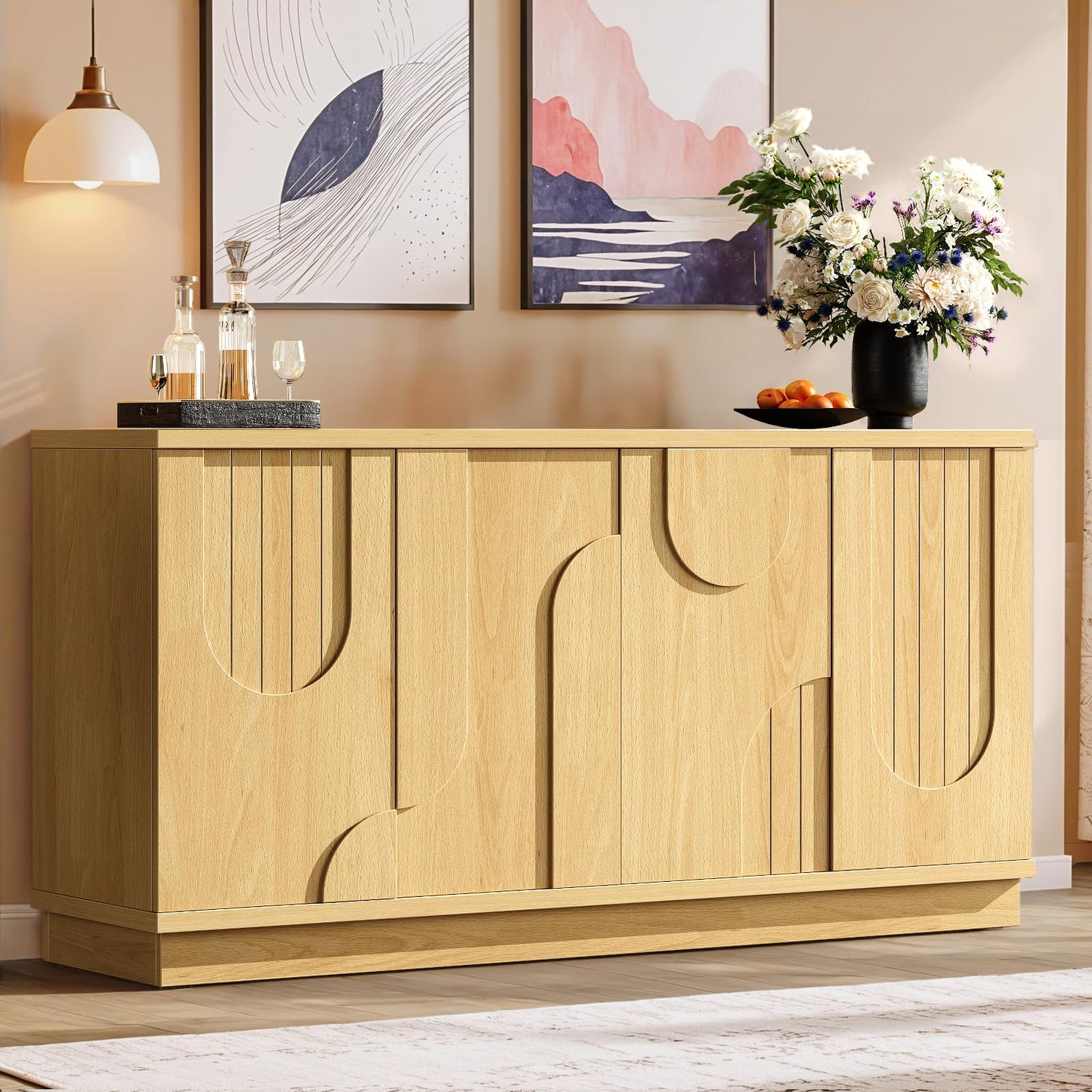 ONBRILL Modern 59" Sideboard Buffet Cabinet with Storage, Arched Finish Kitchen Storage Cabinet,Coffee Bar Console Table with 4 Doors and Adjustable Shelves for Living Room, Hallway, Natural