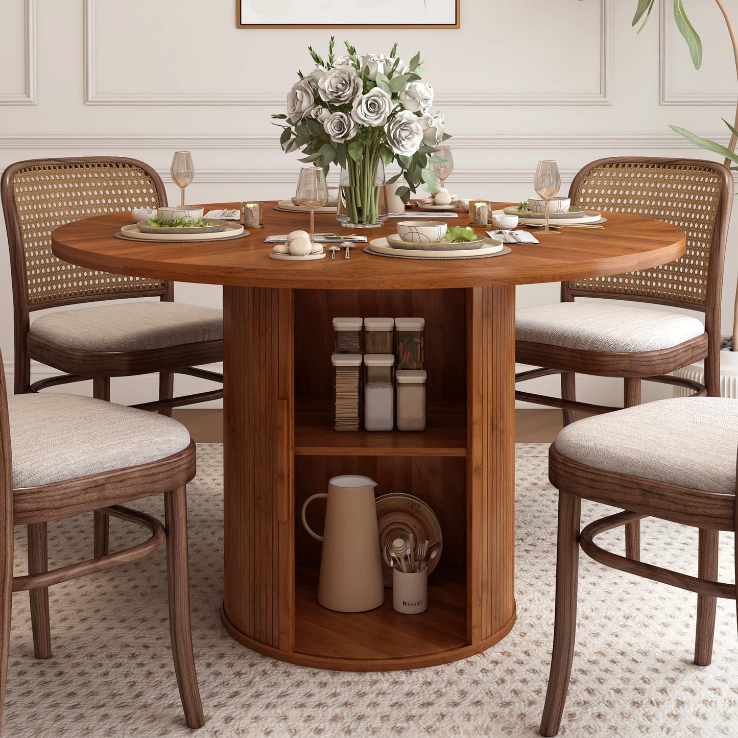 weselon 47 inch Round Dining Table for 4, Kitchen Table Dinner Table with 2-Layer Storage Shelf and Wood Slide Door for Home Dining Room Living Room (Walnut)