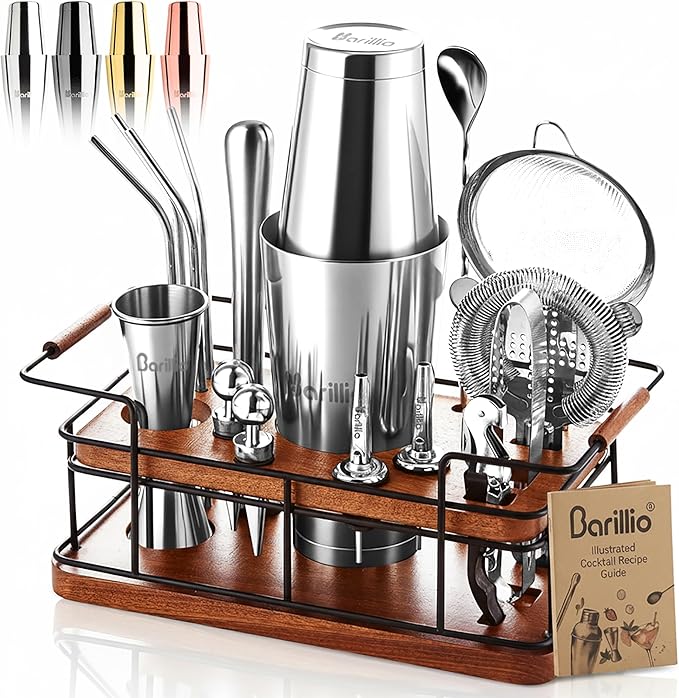 Barillio Bartender Kit – 23-Piece Stainless-Steel Cocktail Shaker Set with Premium African Mahogany Stand | Martini Barwar...