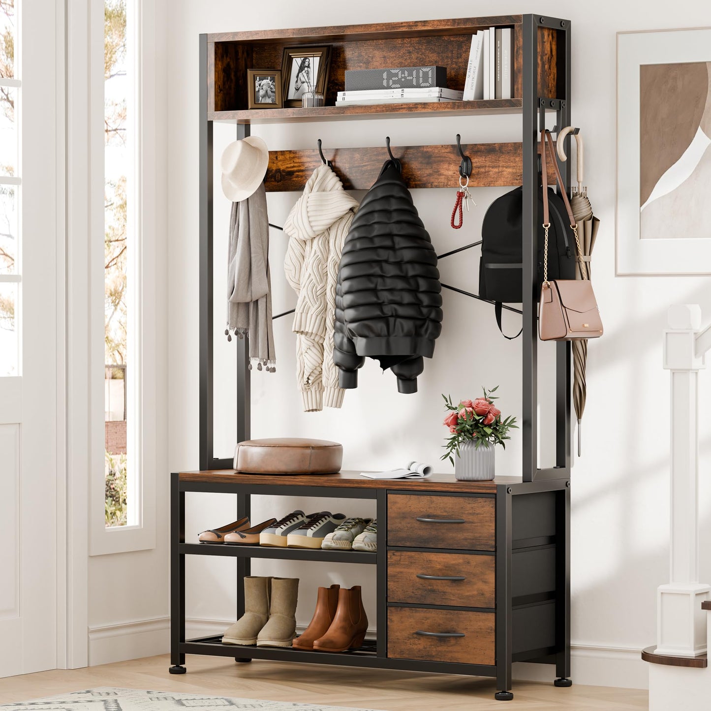 Lulive Hall Tree with Bench and Shoe Storage, 31.5" Coat Rack Freestanding with 2-Tier Storage Shelf, 6-in-1 Entryway Bench Coat Rack with 12 Hooks and 3 Drawers(Rustic Brown)