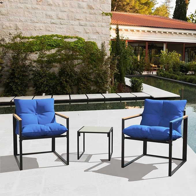 Ophelian 3-Piece Bistro Indoor Patio Set, Textilene Outdoor Patio Furniture,2 Single Chair with Integrated Seat Cushion and 1 Glass Coffee Table,Black/Blue
