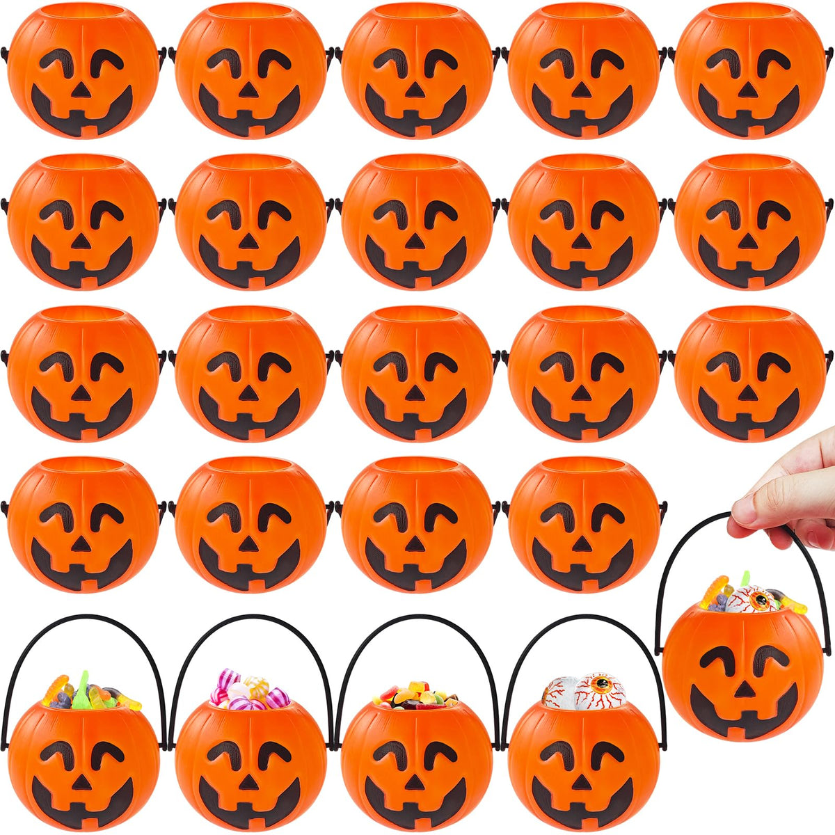 Lshfwn 24 Pcs Mini Halloween Portable Pumpkin Bucket,2.8 In Plastic Pumpkin Candy Bucket,Trick or Treat Candy Pail Holder for Halloween Party Favor,Decoration Props