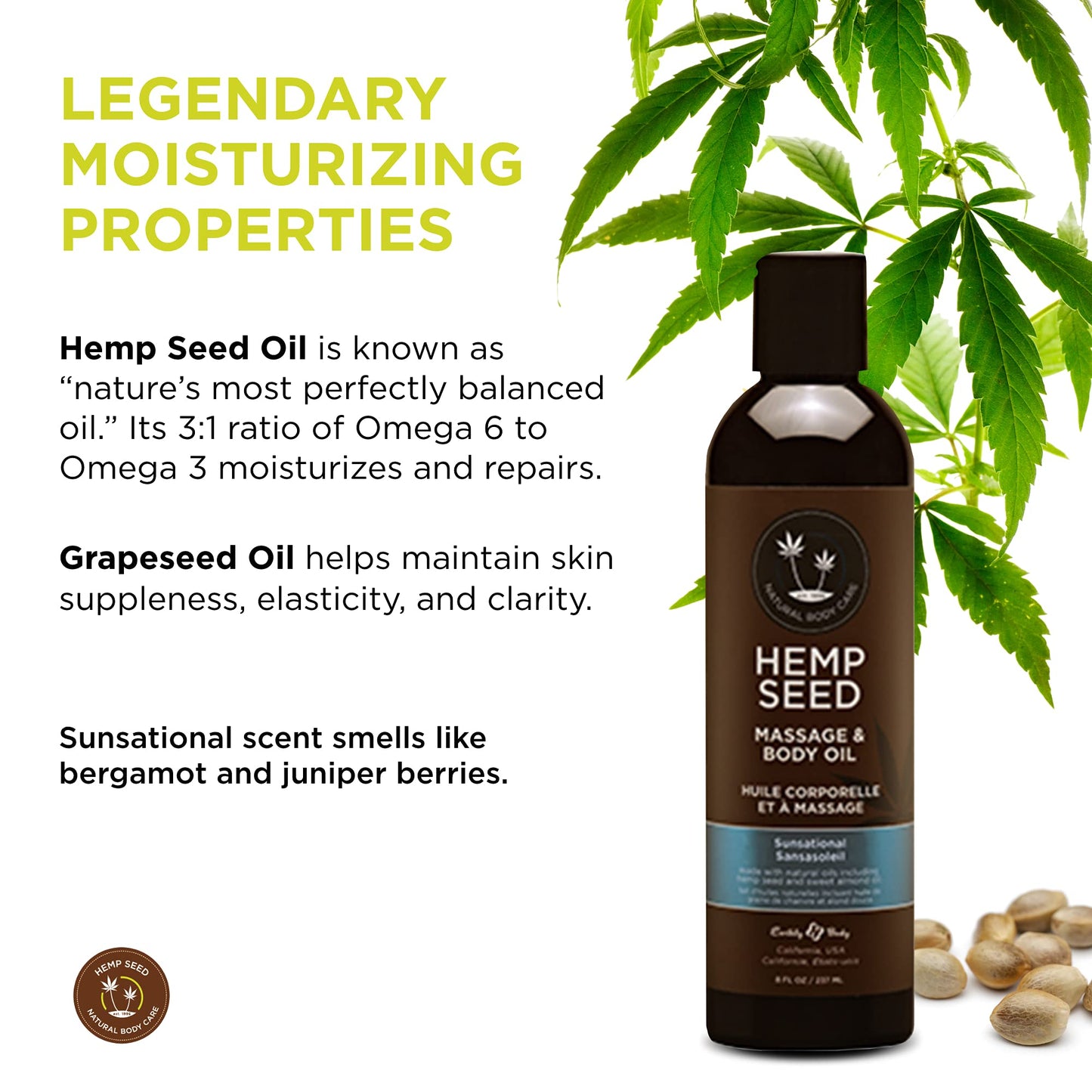 Hemp Seed Massage & Body Oil, Sunsational Scent - 8 fl. oz. - Nourishing, Moisturizing Massage Oil - Hemp Seed, Apricot, Grapese