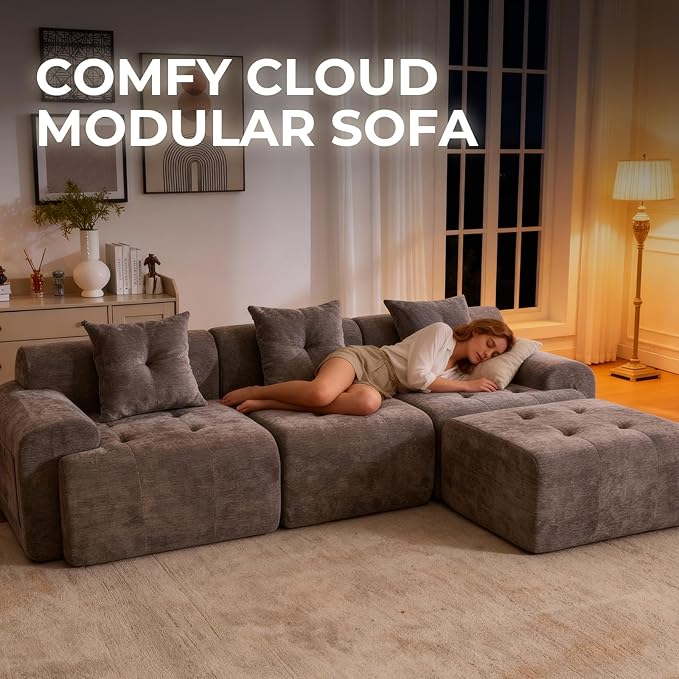 YAAREE 129.23”Modular Sectional Couch for Living Room, Modren L-Shape Cloud Sectional 4-Seater Sofa with 2 Movable Ottomans, Woven Texture Upholstery Boneless Couch, No Assembly, Grey