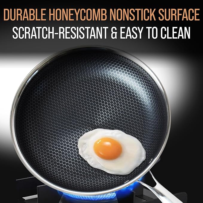 Stainless Steel Frying Pan Set, Sartenes de Acero Inoxidable 2-Piece Honeycomb Nonstick Skillets 10", 12" With Lids, Spatula, Oven & Induction Compatible, Dishwasher Safe Pan Set