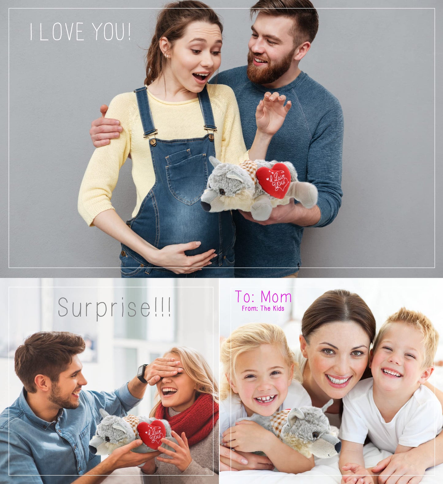DolliBu I Love You Valentine Plush Lying Grey Wolf - Cute Stuffed Animal with Red Heart and Name Personalization Gift for Valentines Day, Birthday, Anniversary, Romantic Date - 9 Inches