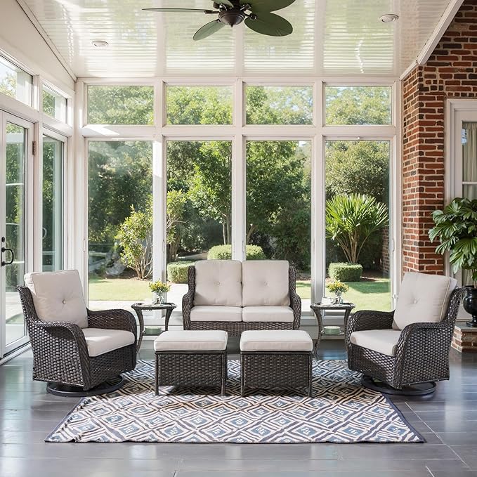 Belord Outdoor Patio Furniture Set - 7 Piece Brown Wicker Conversation Patio Furniture Set All Weather Swivel Chairs with Ottoman and Loveseat Glider Chair for Deck Balcony Backyard