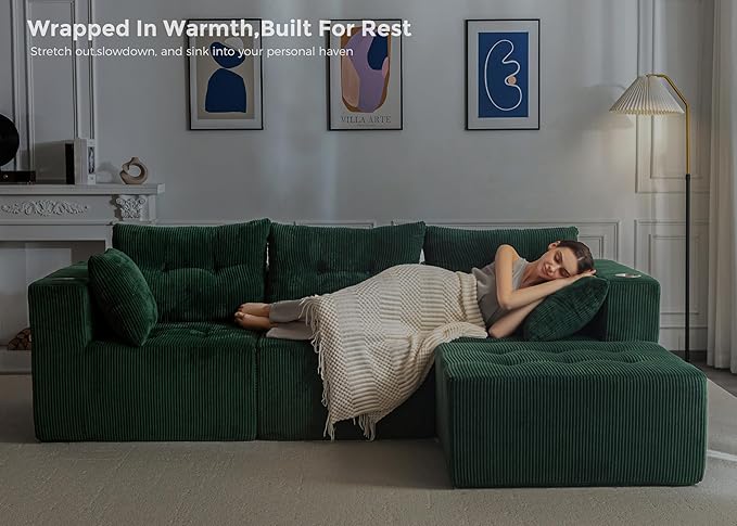 MAXYOYO Modular Sectional Sofa Couch, L Shaped Modern Cloud Couch with Ottoman, Sofa in A Box, Tufted 4-Seat Boneless Sleeper Chair for Living Room, No Assembly Required, Green