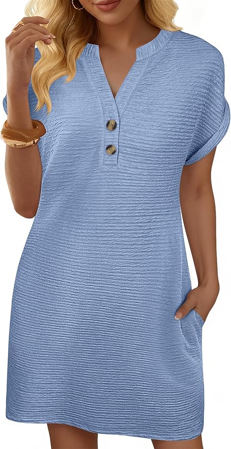 ANRABESS Womens Summer Dresses Casual Short Sleeve V Neck Textured Cute Mini Tshirt Dress 2026 Spring Beach Shift Sundress