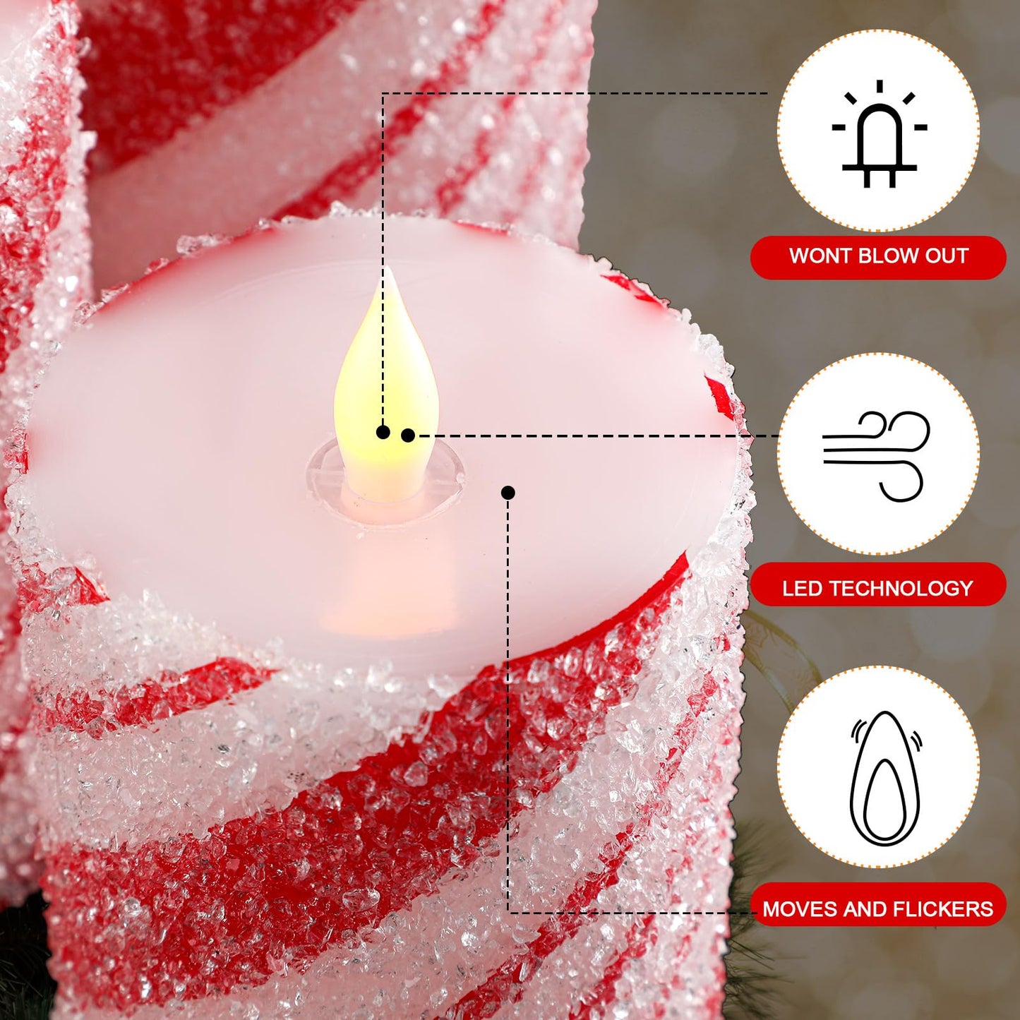 Baquler 3 Pcs Christmas Flameless Pillar Candles LED Candy Cane Peppermint Stripe Red and White Glitter Battery Operated Candles for Xmas Holiday Centerpiece Home Party Decor