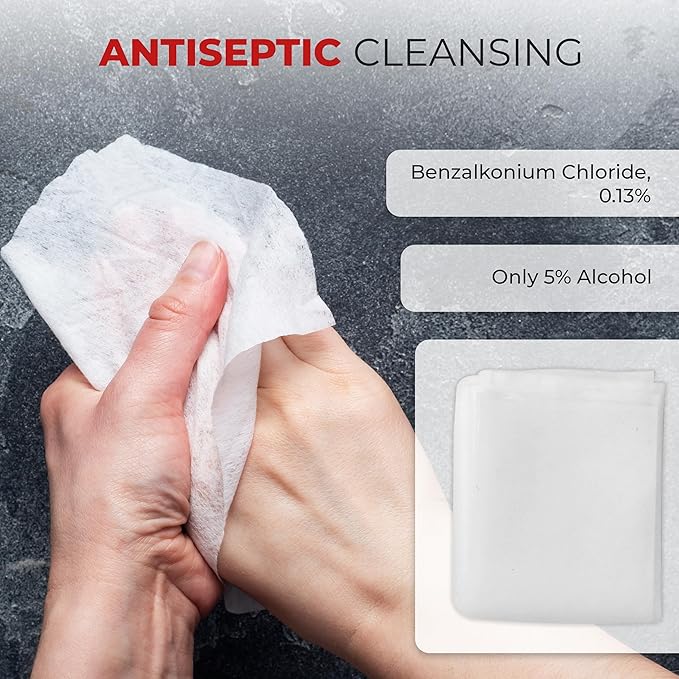 Benzalkonium BZK Wipes [300 Count] – 5”x7” Antiseptic Towelettes, First Aid Hand Wipes, Individually Wrapped, Sterile for Skin Cleansing (3 Packs of 100)