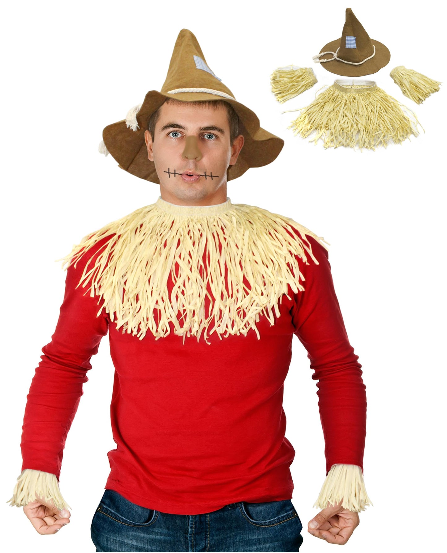 Adult Scarecrow Costume Faux Straw Kit with Scare Crow Hat and Fake Straw for Men's Scarecrow Costume
