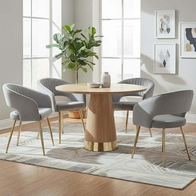 COMULER Grey Velvet Dining Chairs Gold Legs, Modern Dining Room Chairs with Arms Set of 4 Upholstered Accent Chair Armchair with Barrel Back for Kitchen Living Room