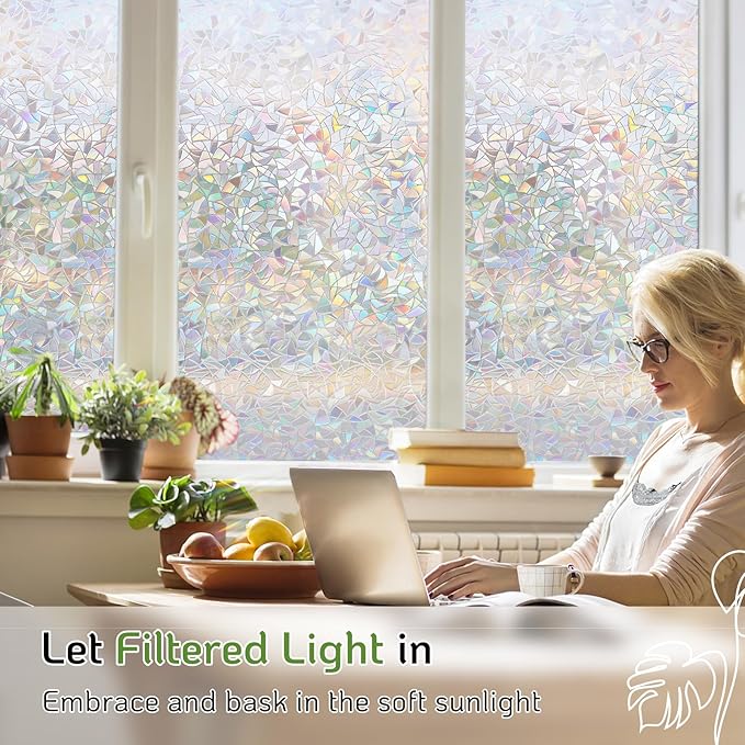 LUTE Window Privacy Film, Rainbow Window Film, 3D Decorative Stained Glass Cling, Non-Adhesive Vinyl Static Cling Removable Glass Stickers, Sun UV Blocking Decal Covering for Home, 17.5 x 157.4 inches
