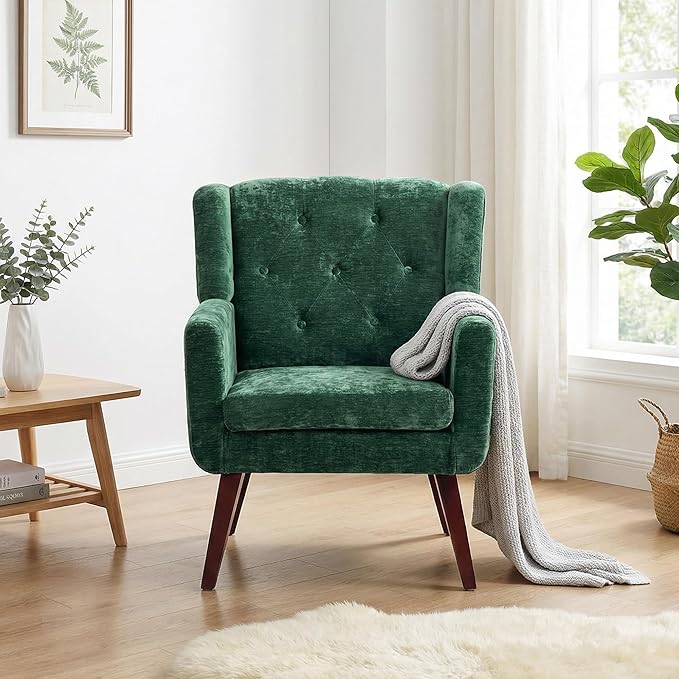 Accent Chair Button-Tufted Upholstered Living Room Chairs Comfy Reading Chair Mid Century Modern Chair with Linen Fabric Lounge Arm Chairs for Living Room Bedroom（Green Set of 2）