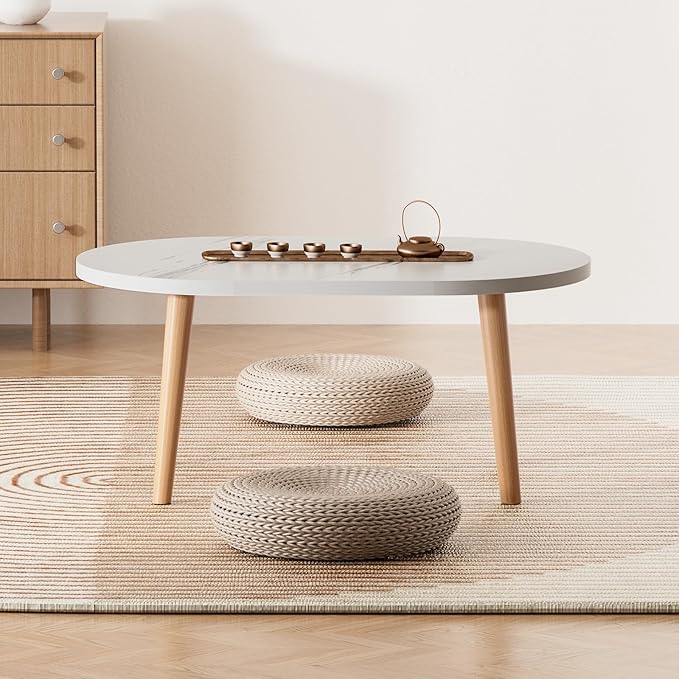 Small Coffee Table for Small Space, Low Table, Floor Table Desk for Sitting on The Floor, Japanese Coffee Table for Living Room, Tatami Tea Tables with Solid Wood Legs, Oval Coffee Tables, White