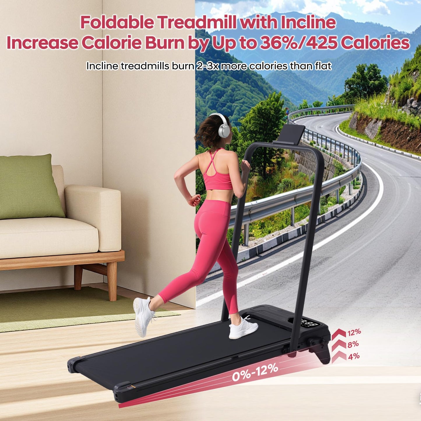 Foldable Walking Pad Treadmill with Adjustable Incline and Handle Bar, 3.5HP Portable Folding Treadmills for Home Small, 4 in 1 Under The Desk Electric Treadmill with Handles, 0.6-7.6MPH, 350LBS