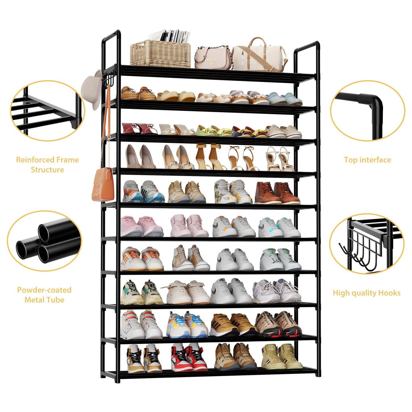 HOMICKER 10-Tier Shoe Organizer - Large Metal Shoe Rack with Hooks, Fits 40-50 Pairs, Ideal for Closet, Entryway, Garage, Bedroom