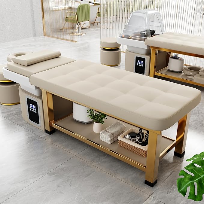 Hair Washing Head Spa Stationary Massage Table with Water Cycle & Fumigation Salon Equipment for Beauty Head Spa Physical Therapy Massage, Stainless Steel Gold Color-Plated Frame, PU Beige Gray
