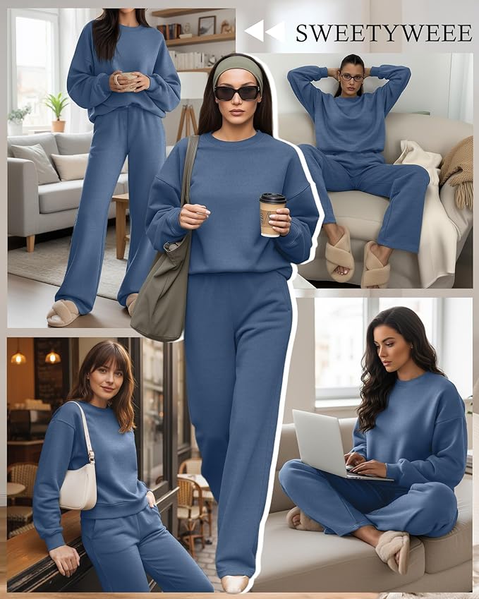 Sweetyweee Women's 2 Piece Outfits Set Fleece Lined Lounge Sweatsuit Crewneck Pullover Top Wide Leg Pants Casual Tracksuit