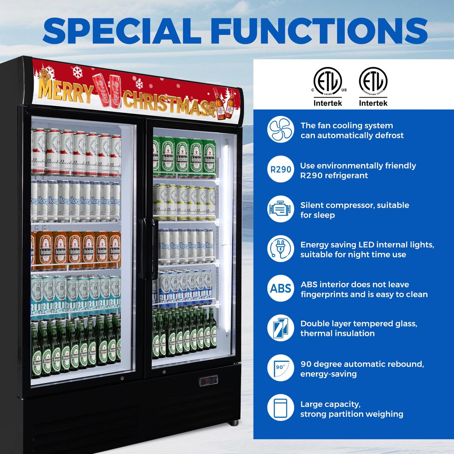 Bluelinecool 36 cu.ft Commercial Refrigerators with 2 Glass Door, Beverage Fridge with LED Light Display Upright Merchandiser, Drink Cooler with 8 Adjustable Shelves Black ETL Approved