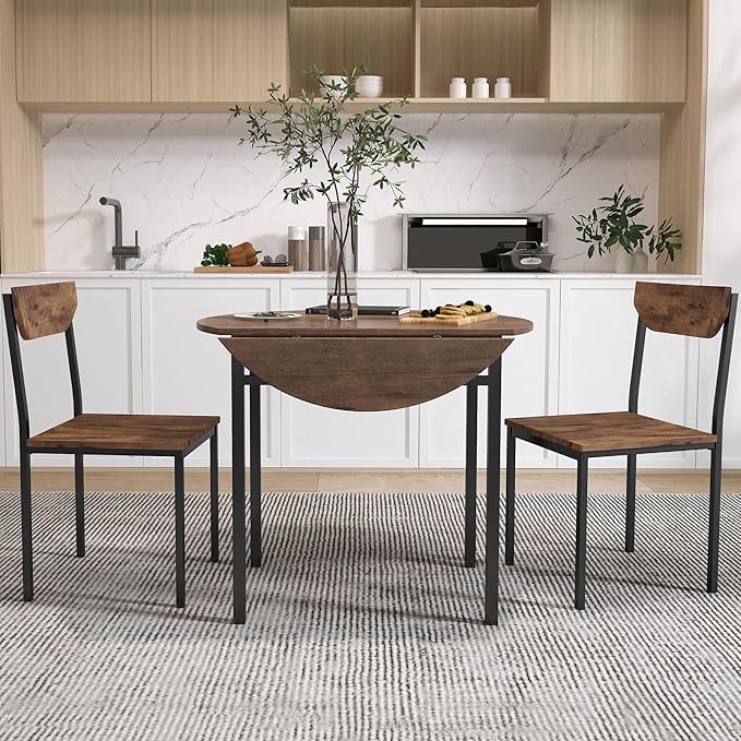P PURLOVE 3 Piece Drop Leaf Dining Table Set,Solid Wood Kitchen Table and Chair Set of 2,Farmhouse Round Table and 2 Chair...