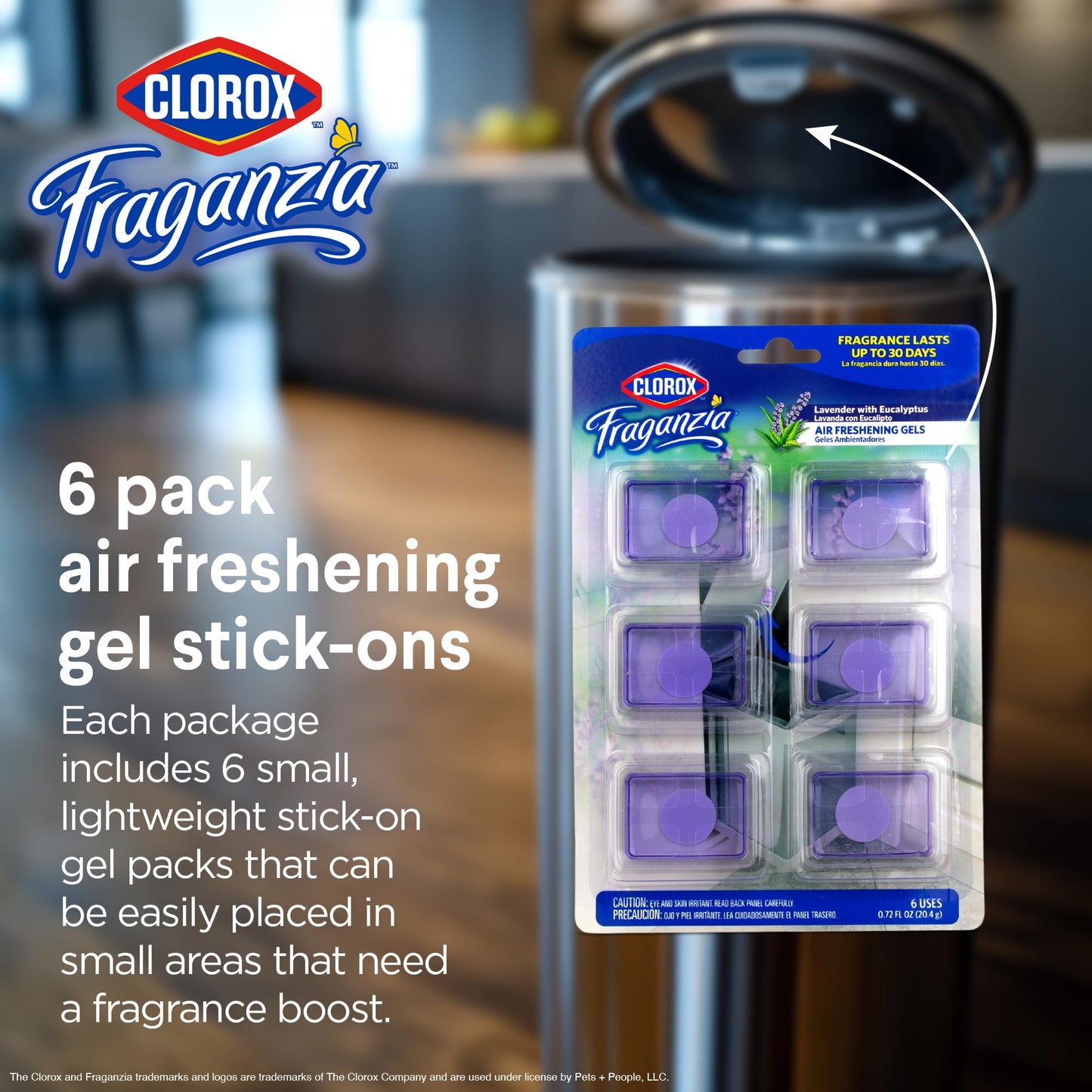 Clorox Fraganzia Stick-On Gel Fresheners, Lavender with Eucalyptus Trash Can Deodorizer Up to 30 Days Scent, Odor Absorber for Kitchen, Bathroom, Closet, No Plug or Batteries, 0.12 Fl Oz, 6 Count