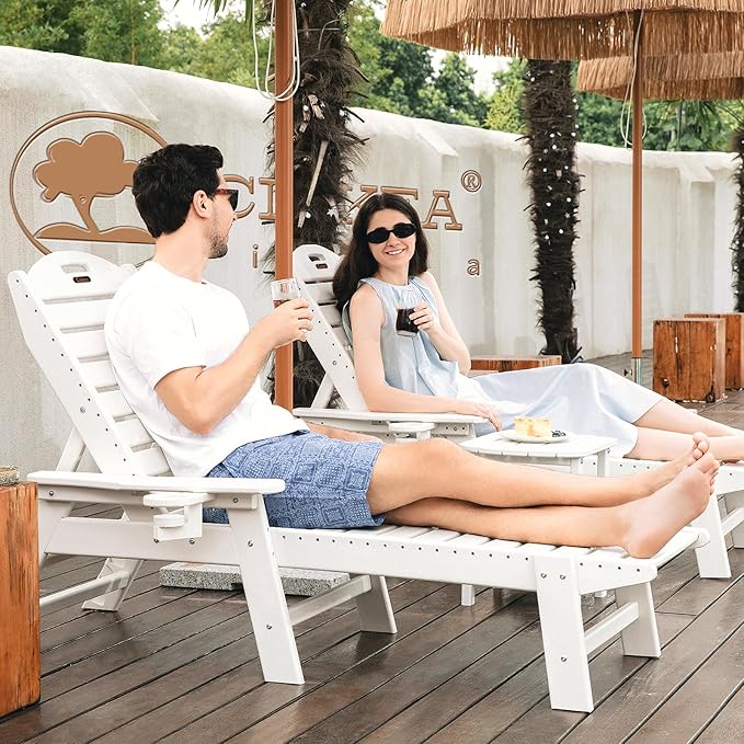 Ciokea Chaise Lounge for Outdoor, Patio Lounge Chairs for Outside, Chaise Lounge Chair with 6 Positions, HDPE Lounge Chair with Cup Holder for Pool Poolside Deck Backyard Lawn,White