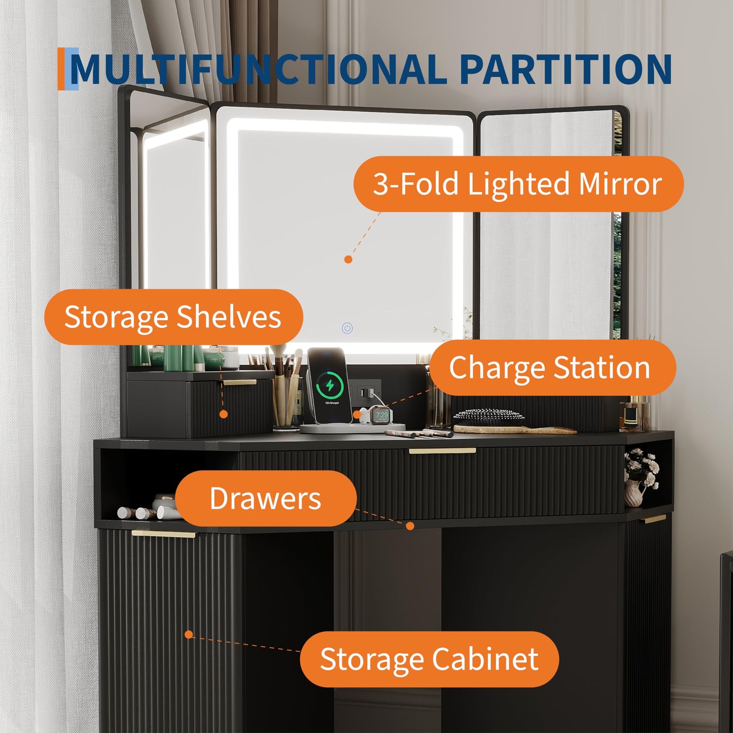 Garvee Black Corner Vanity, Corner Vanity Desk with Mirror and Lights, Fluted Makeup Table with Charging Station, Drawers, Storage Cabinets